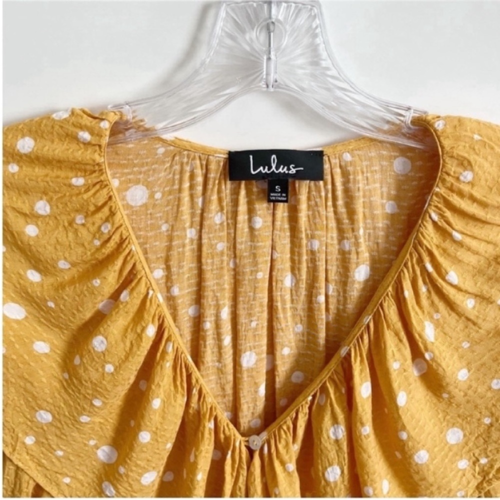 Lulu's West End Long Sleeve Top yellow mustard polka dots ruffled cropped - Picture 6 of 10